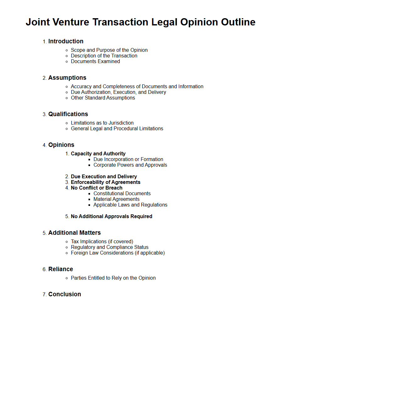 Joint Venture Transaction Legal Opinion Outline