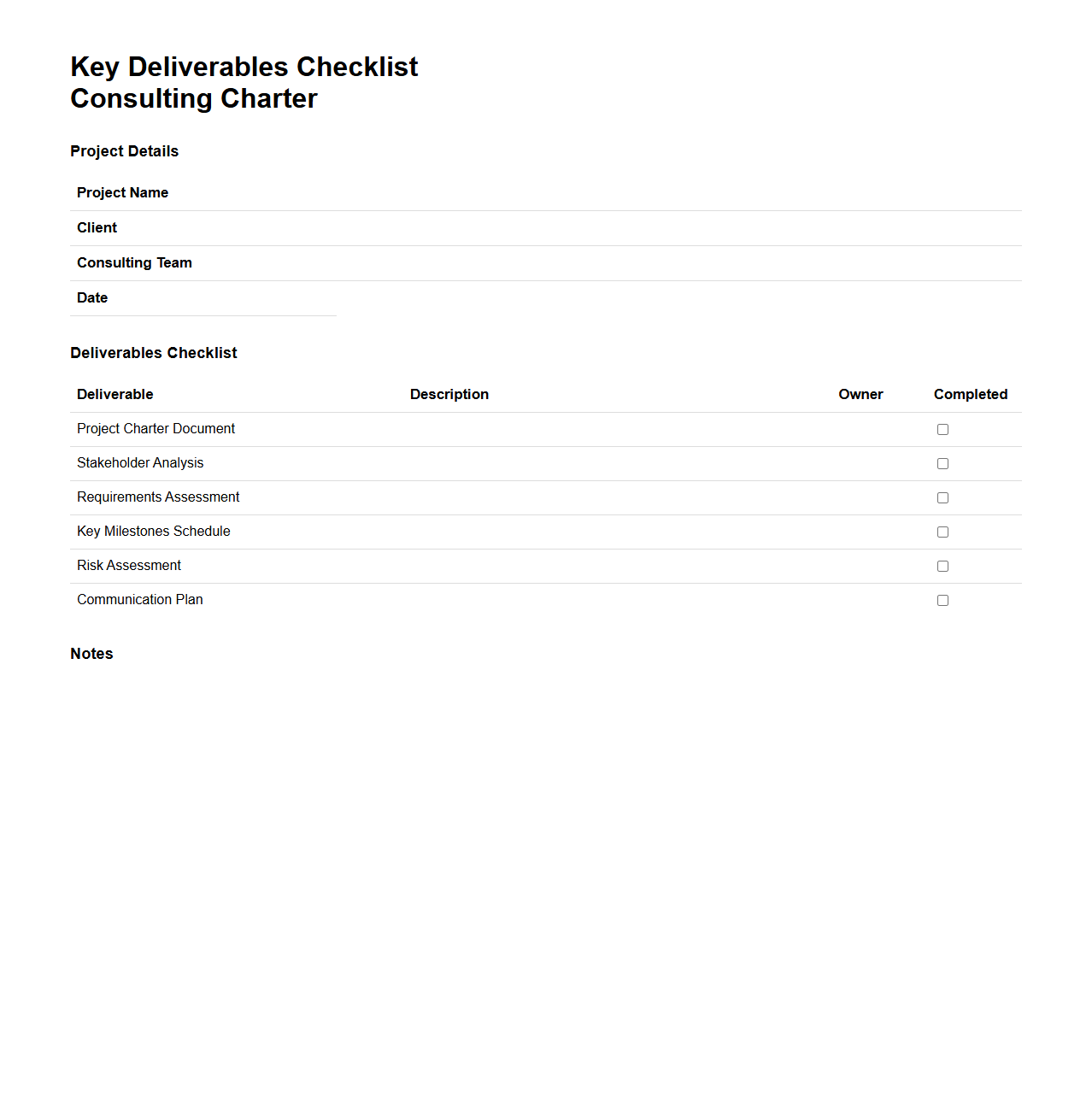 Key Deliverables Checklist for Consulting Charter