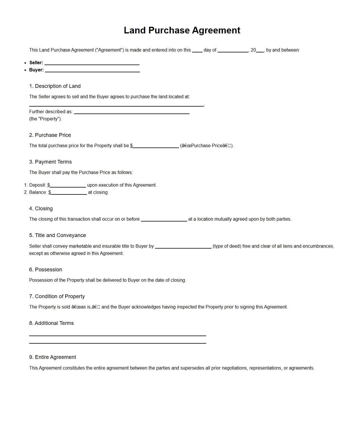 Land Purchase Agreement Example