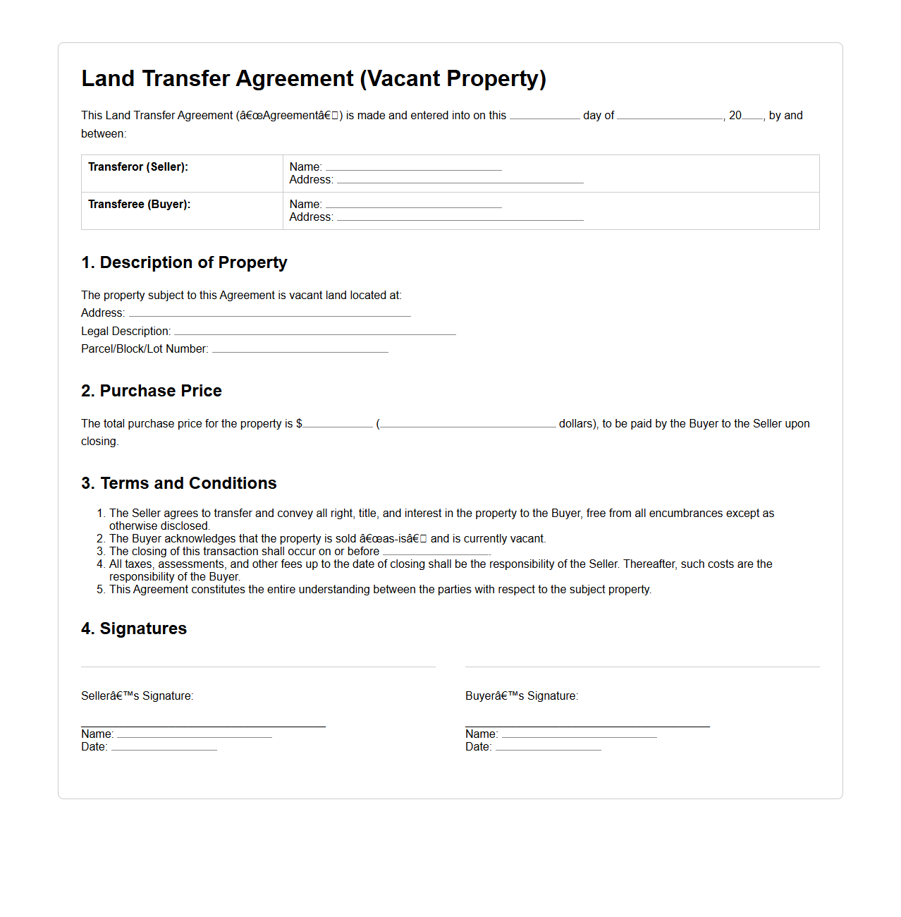 Land Transfer Agreement for Vacant Property