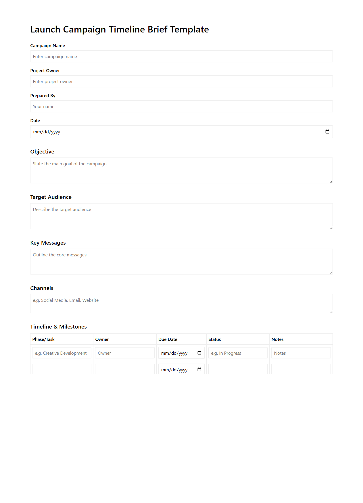 Launch Campaign Timeline Brief Template