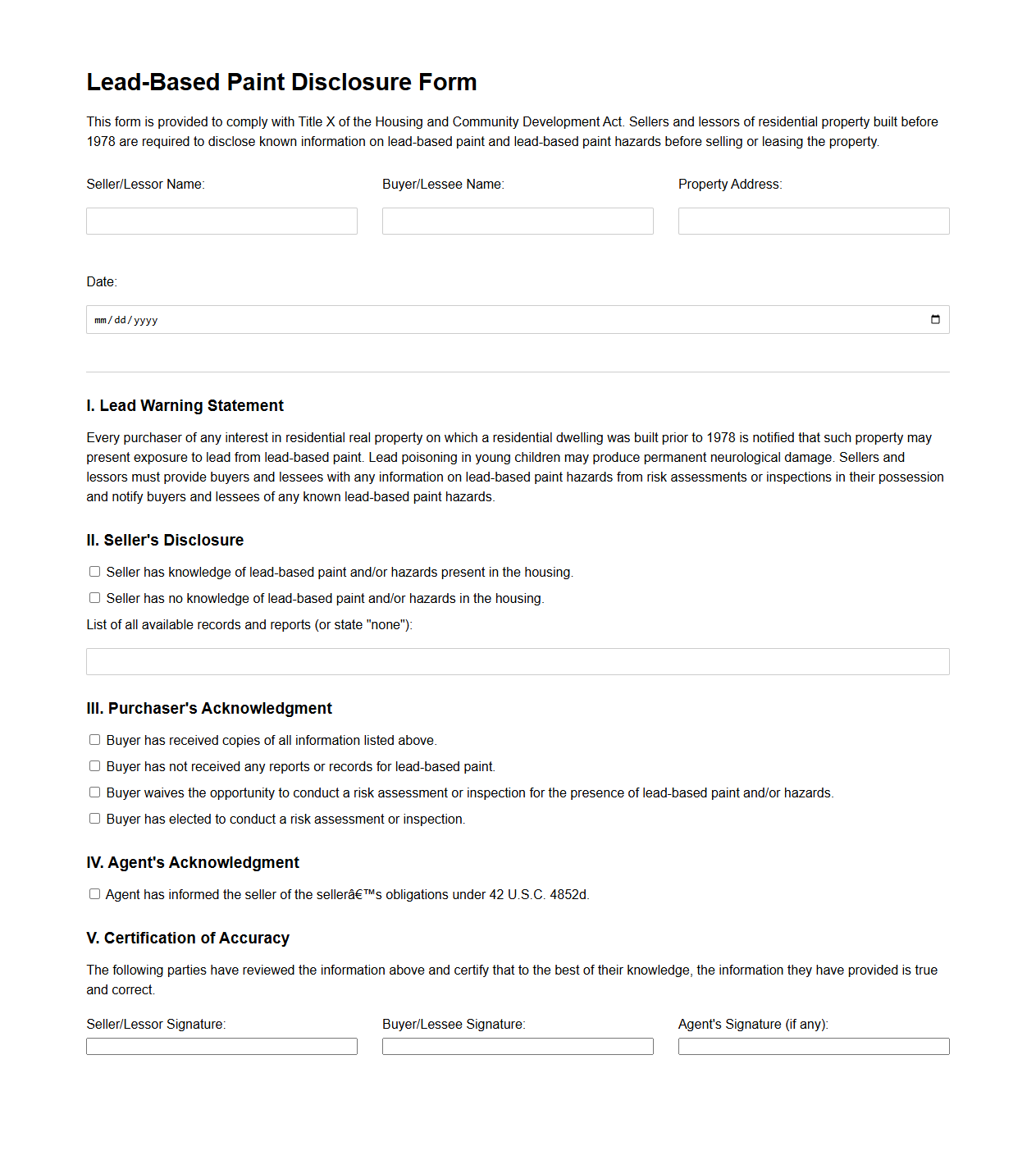 Lead-Based Paint Disclosure Form for Homes