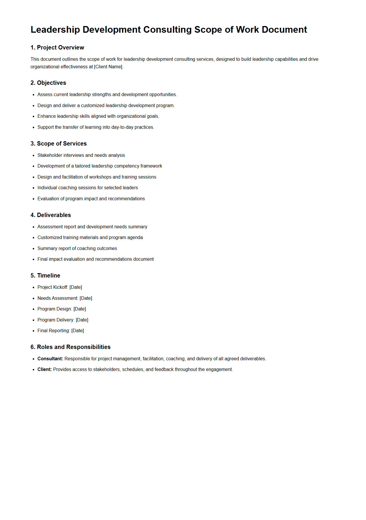 Leadership Development Consulting Scope of Work Document Sample