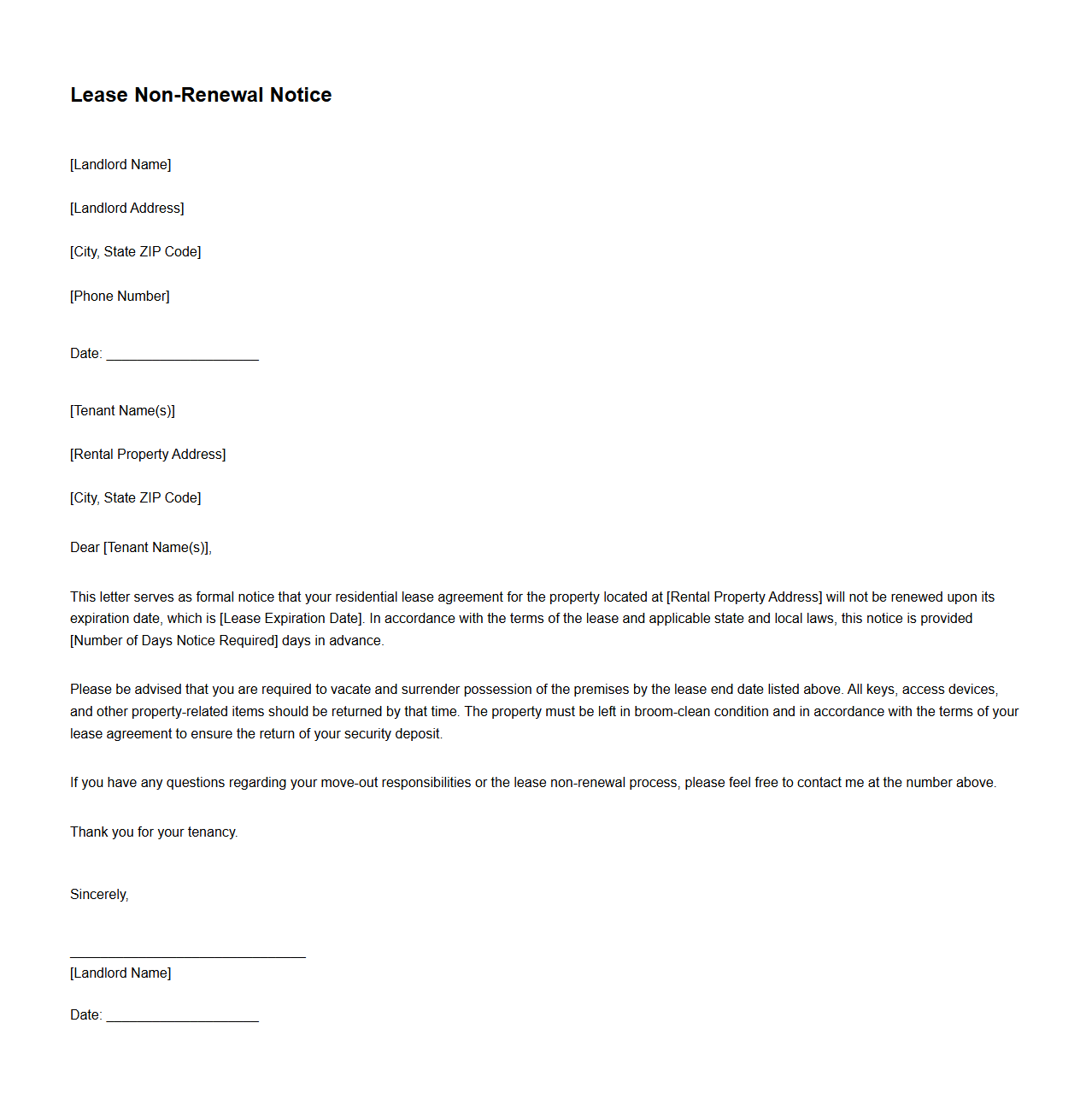 Lease Non-Renewal Notice Sample for Tenants