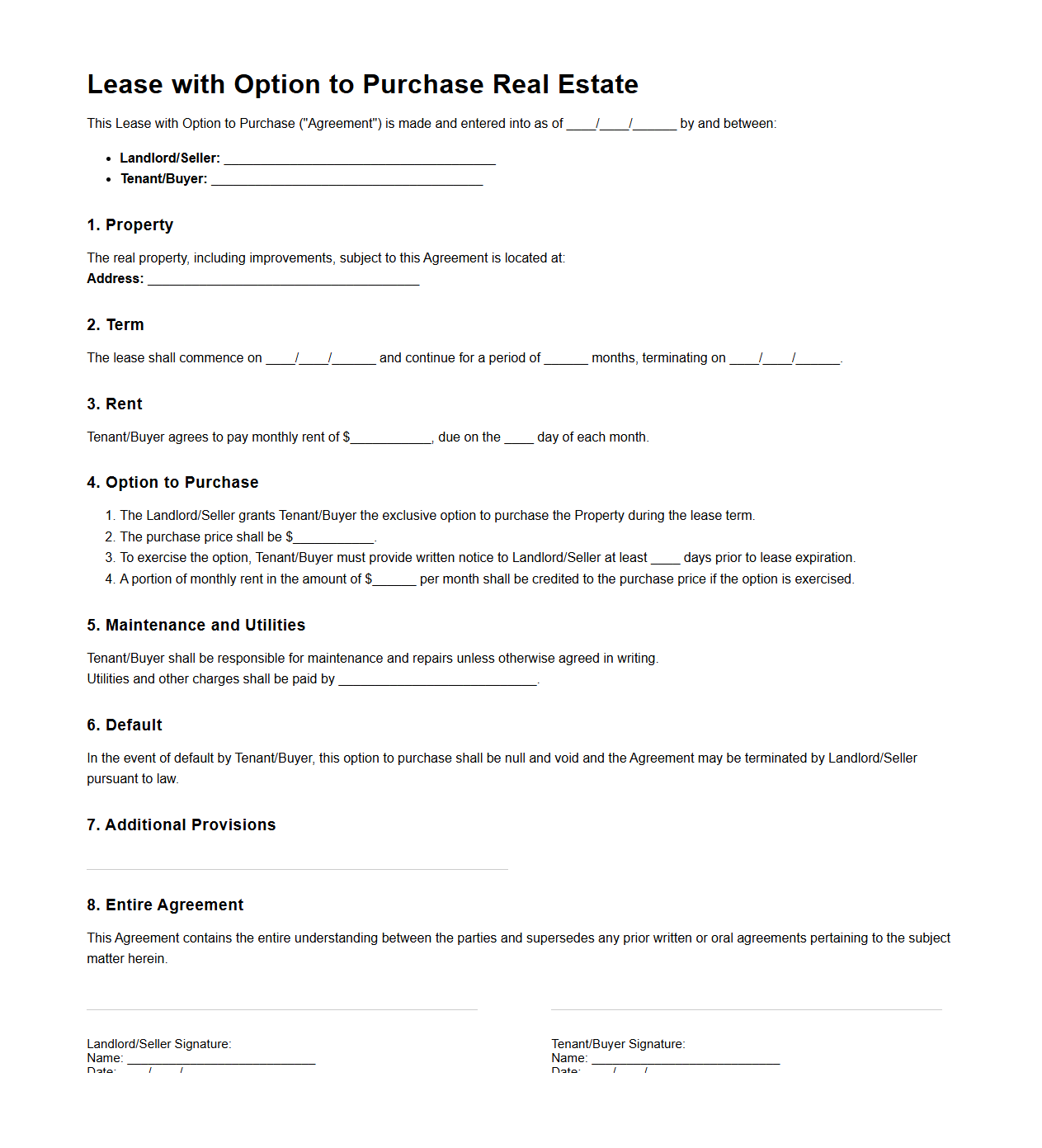 Lease with Option to Purchase Real Estate Sample