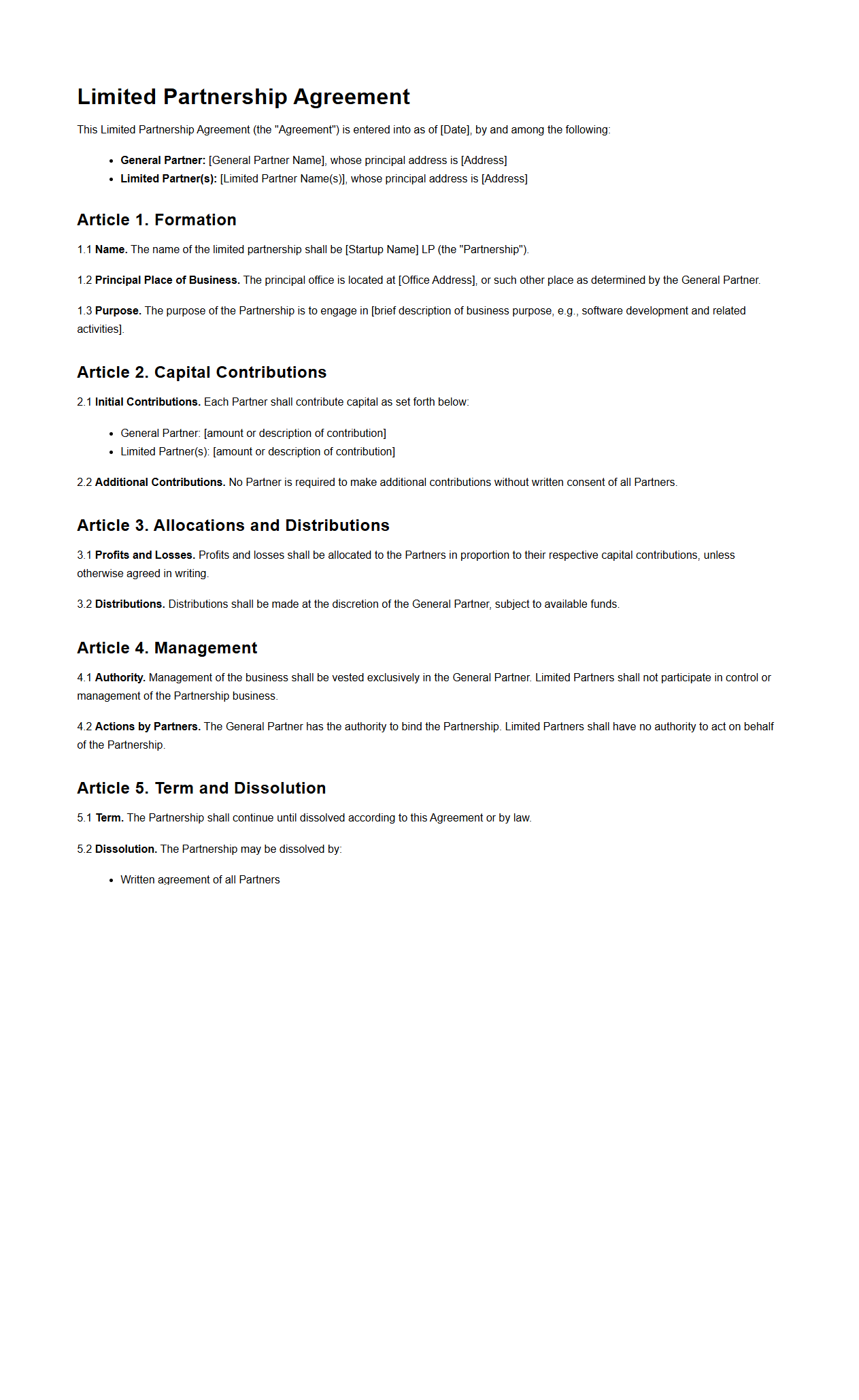 Limited Partnership Agreement Example for Startup Ventures