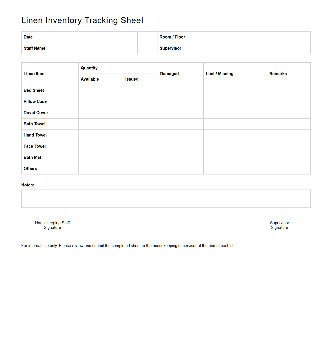 Linen Inventory Tracking Sheet for Hotel Housekeeping
