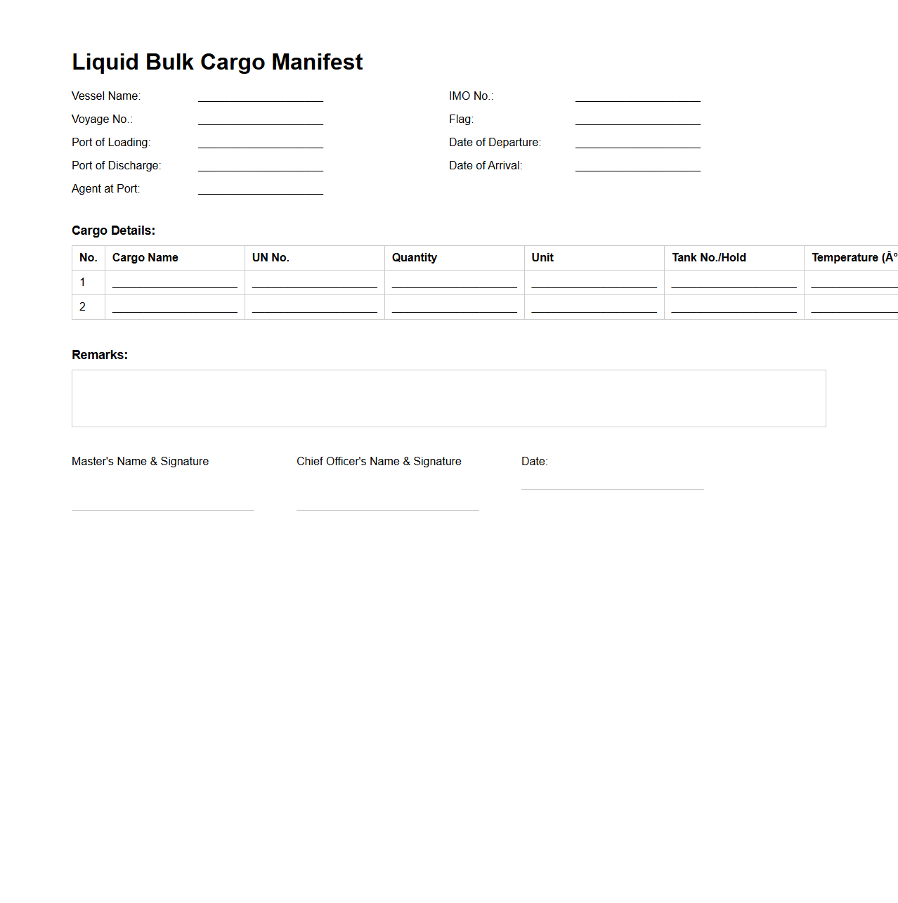 Liquid Bulk Cargo Manifest Sample for Tanker Ships