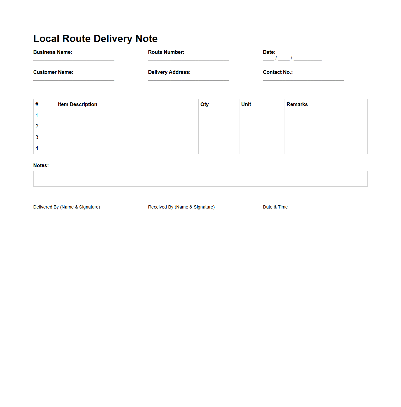 Local Route Delivery Note for Small Businesses