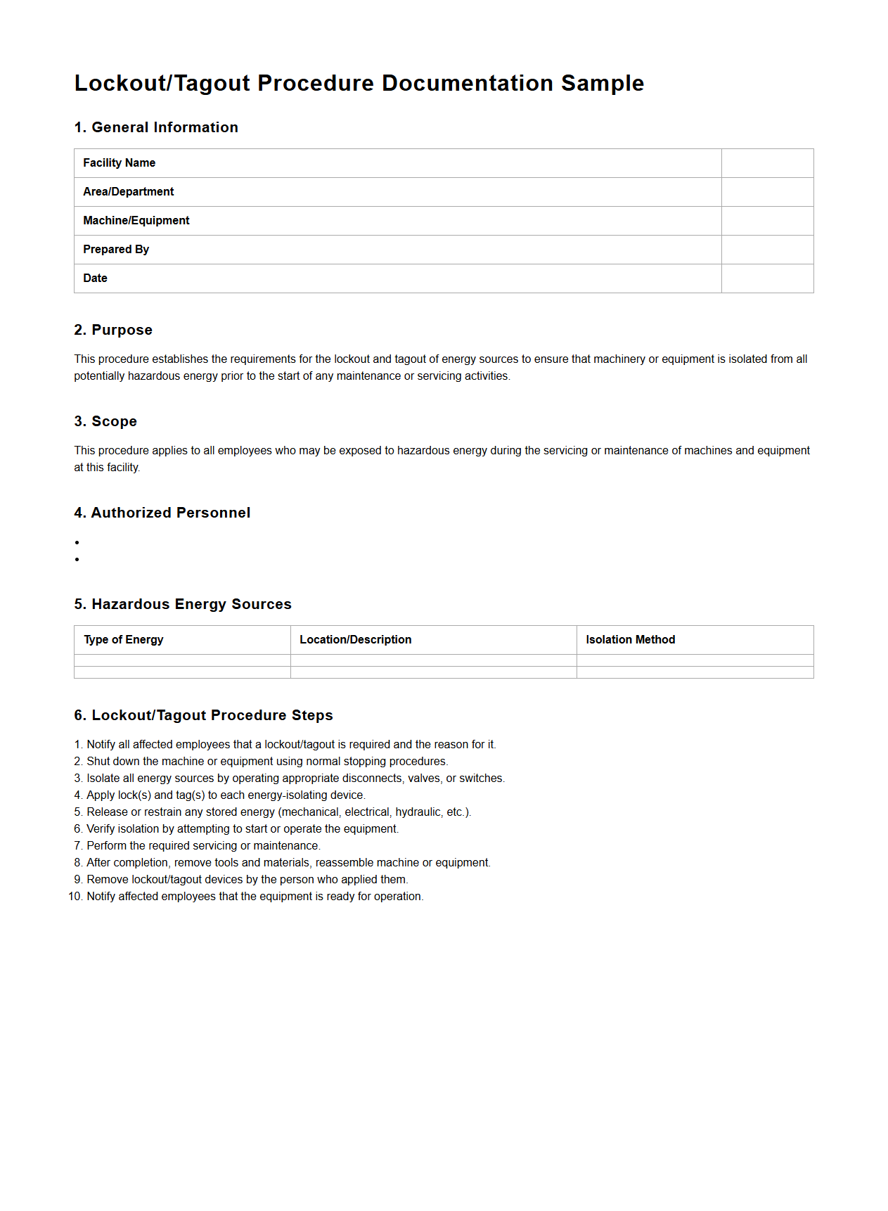 Lockout/Tagout Procedure Documentation Sample