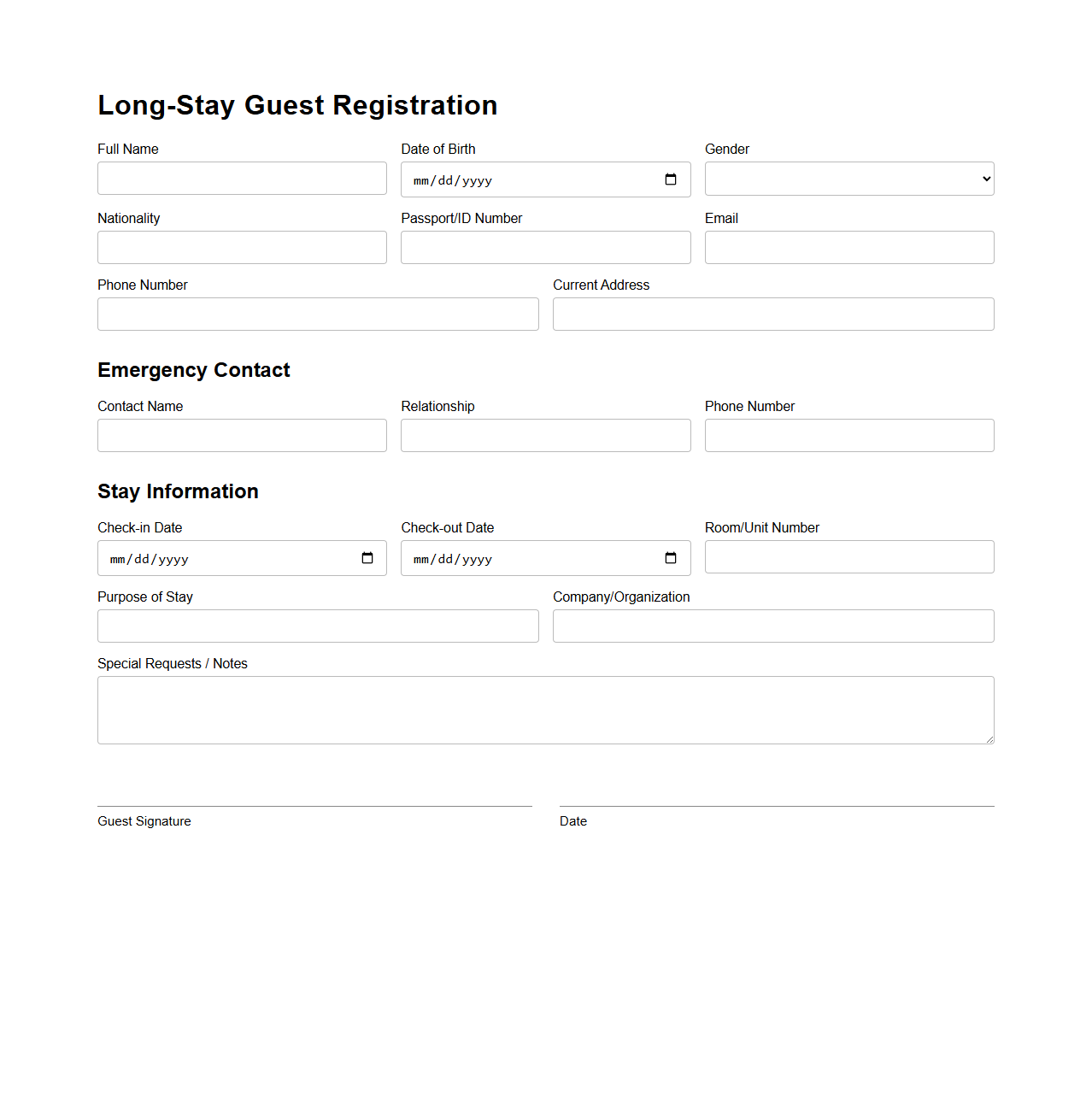 Long-Stay Guest Registration Template for Extended Stays