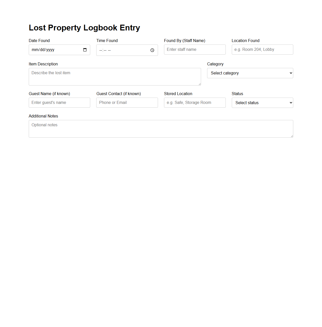 Lost Property Logbook Entry Example for Hotel Management