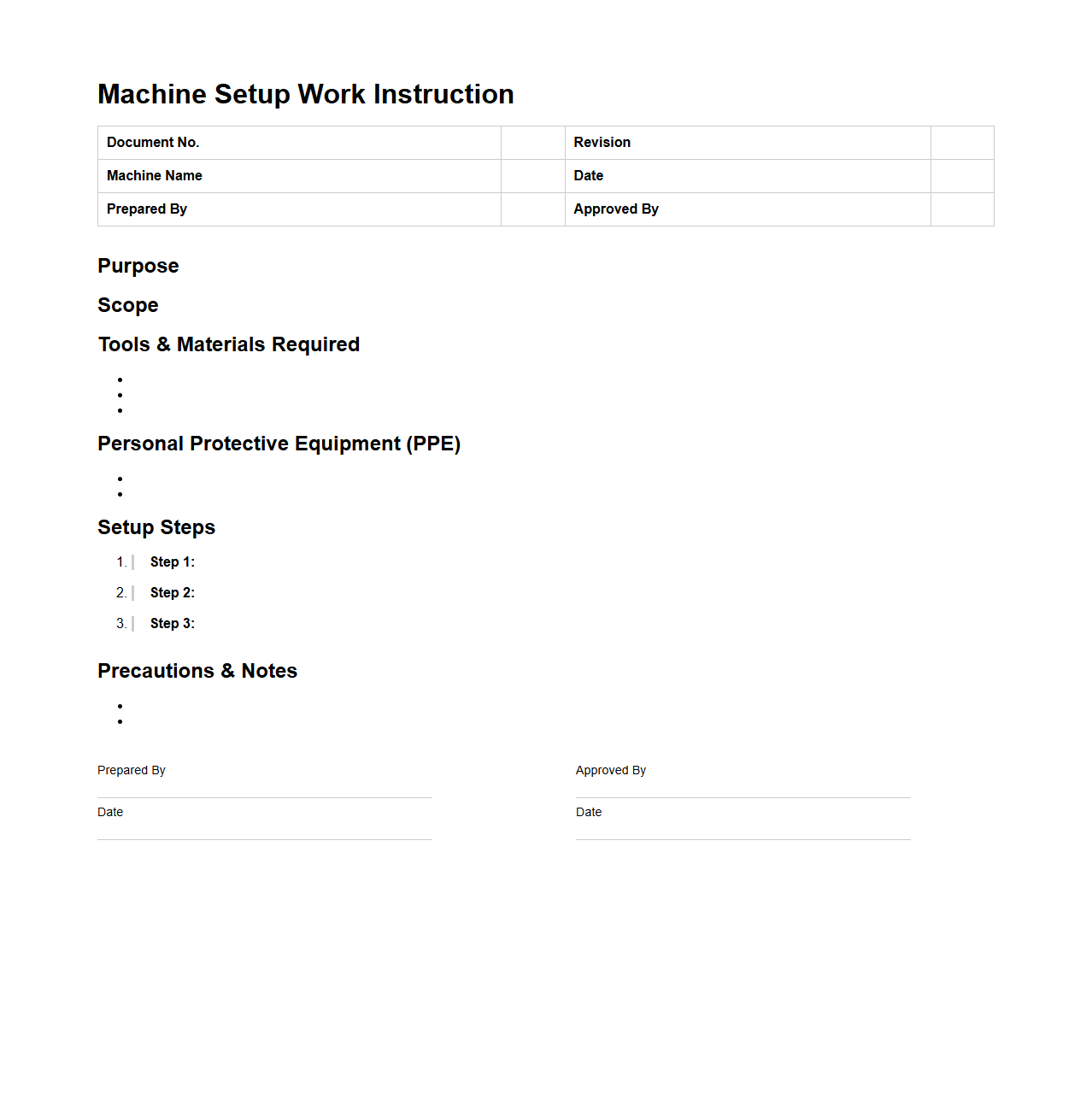Machine Setup Work Instruction Example