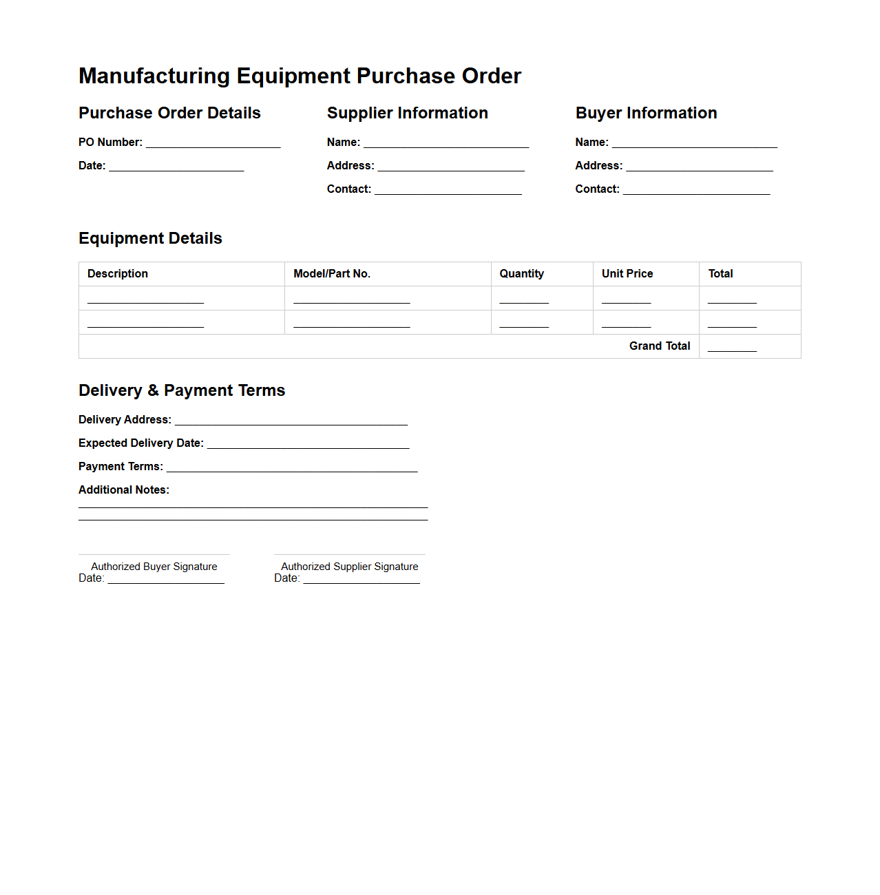 Manufacturing Equipment Purchase Order Sample