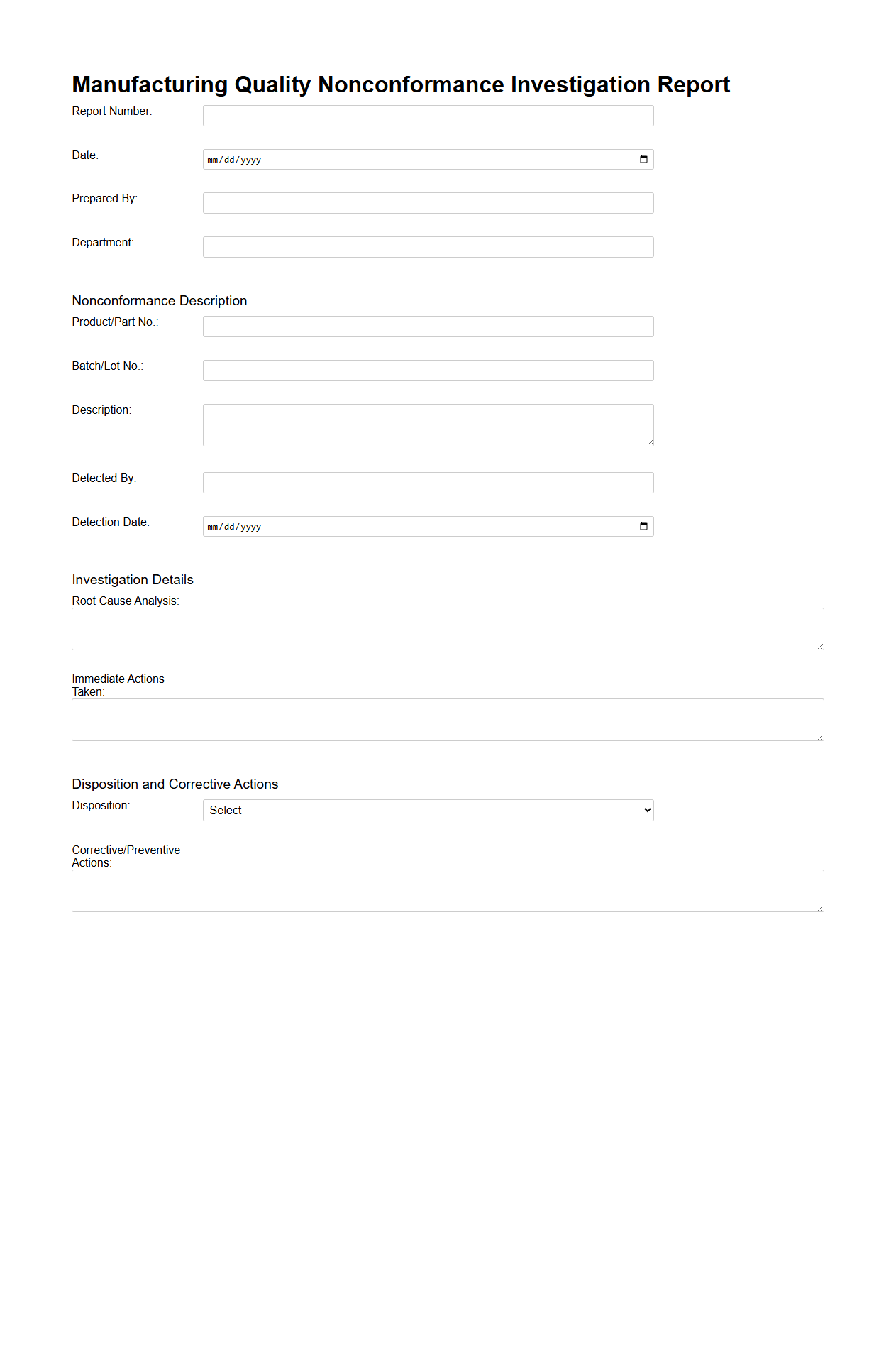 Manufacturing Quality Nonconformance Investigation Report