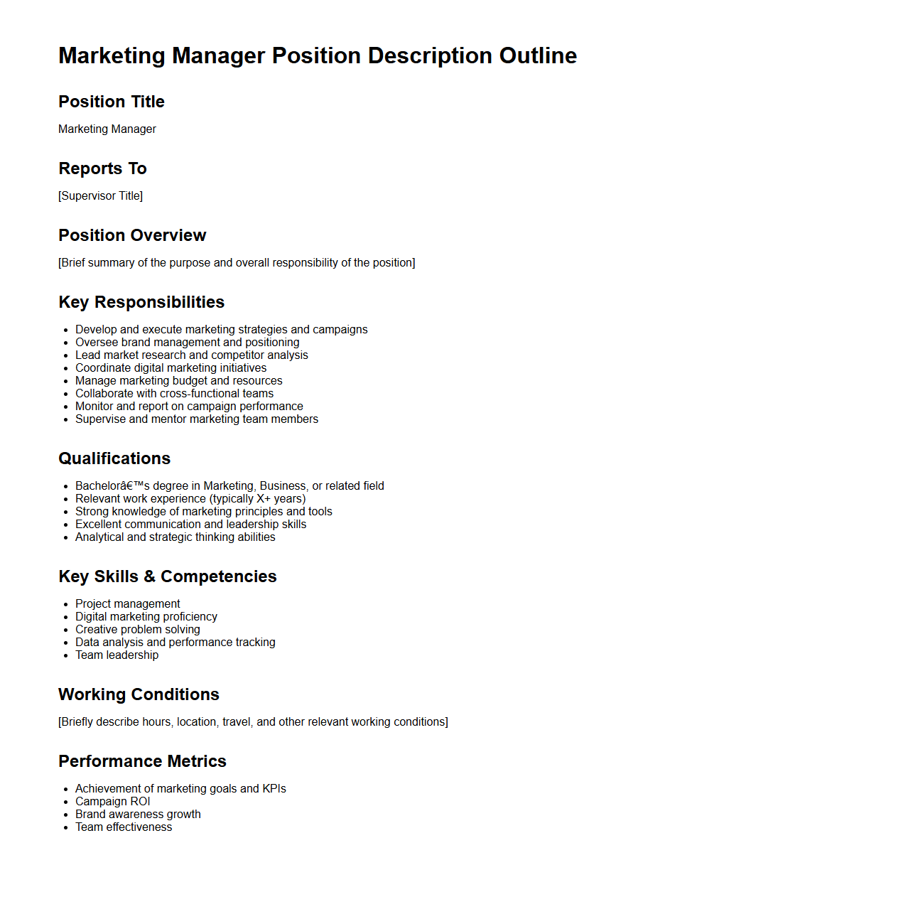 Marketing Manager Position Description Outline