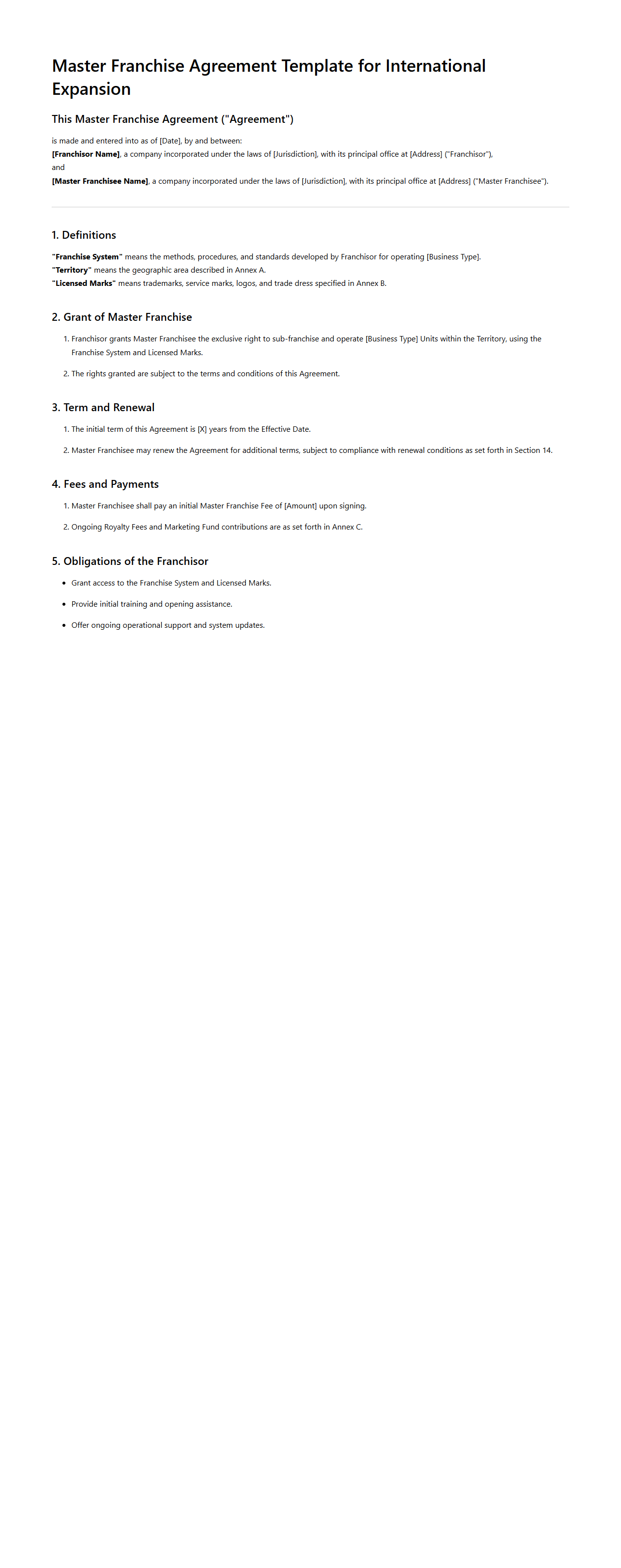 Master Franchise Agreement Template for International Expansion