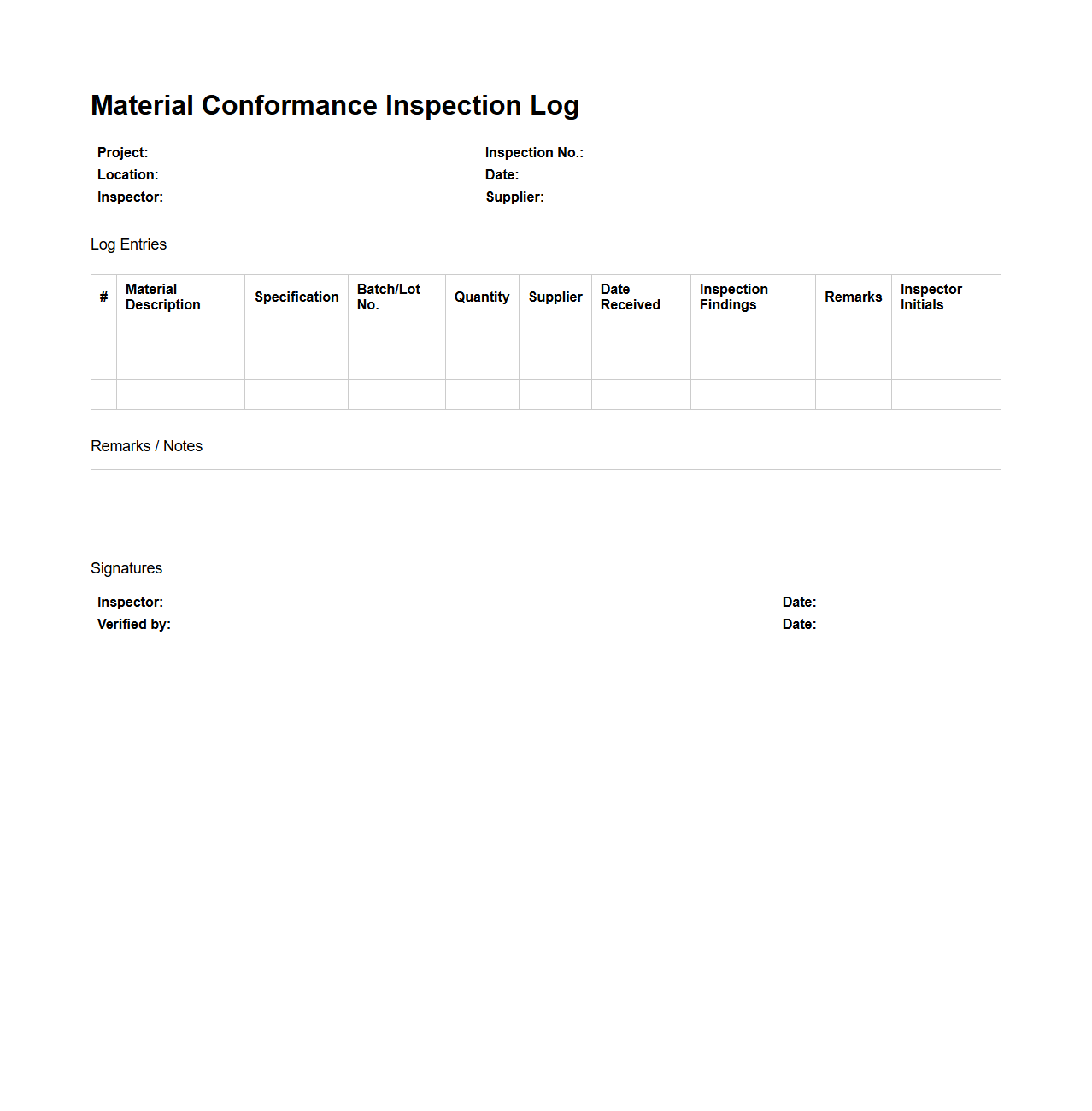 Material Conformance Inspection Log Format