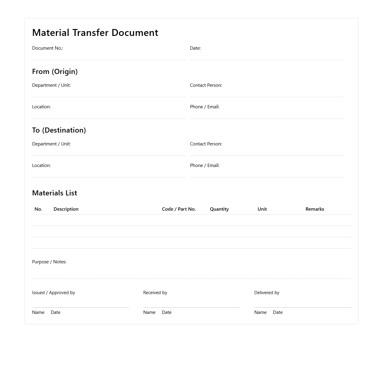 Material Transfer Document Example