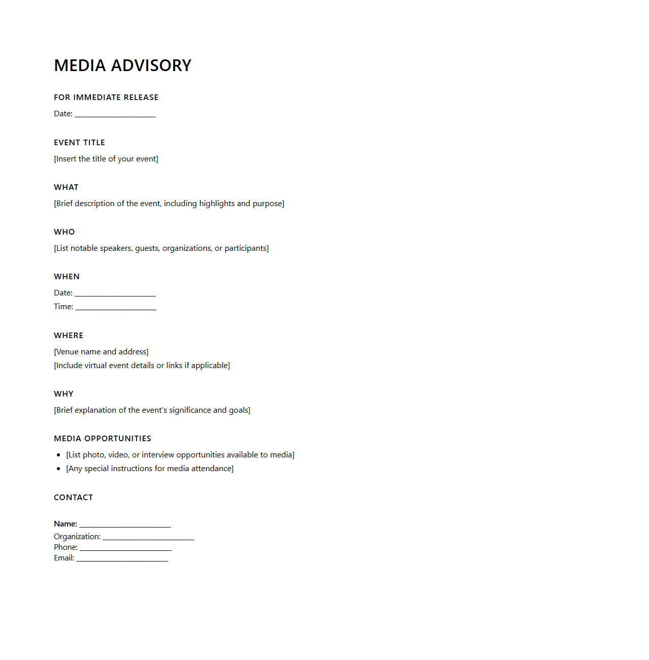 Media Advisory Template for Event Announcement