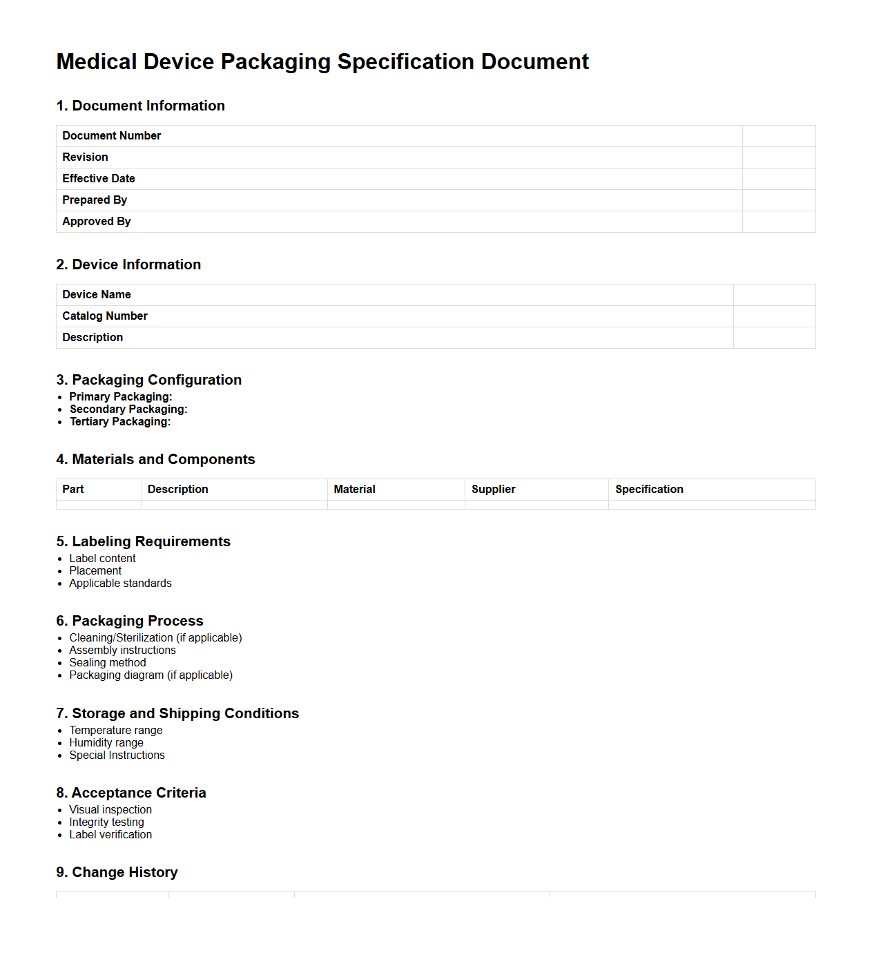 Medical Device Packaging Specification Document Sample