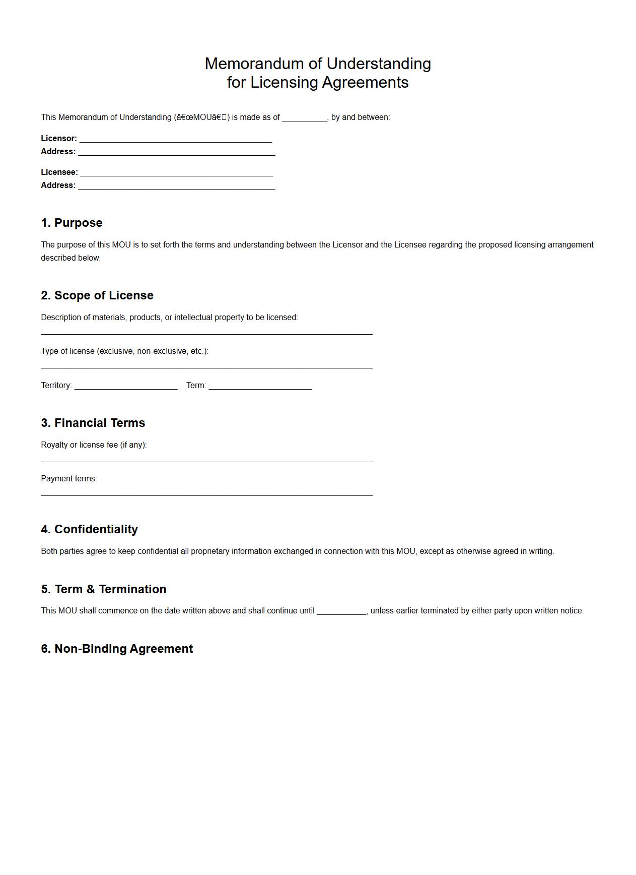 Memorandum of Understanding for Licensing Agreements
