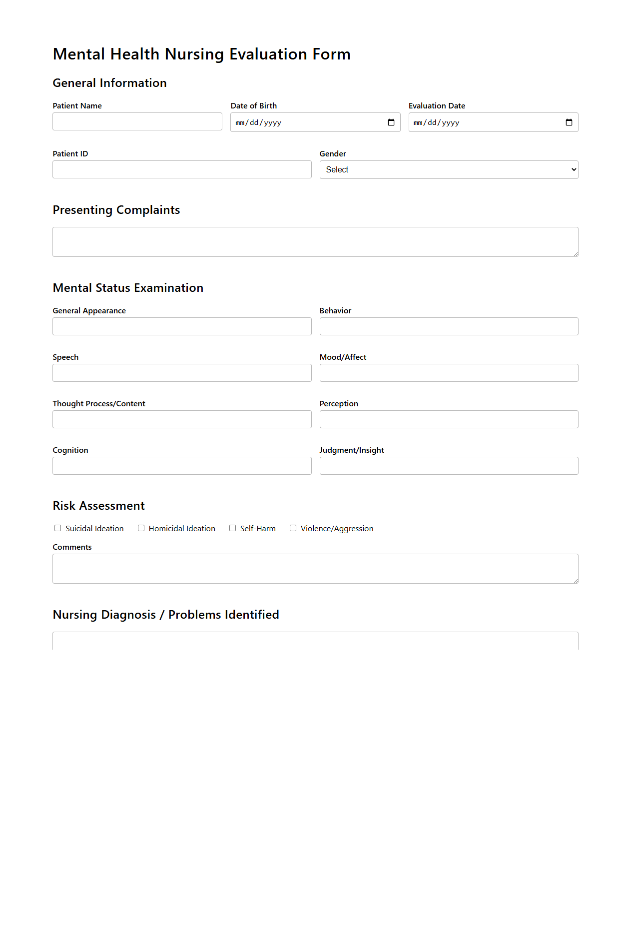 Mental Health Nursing Evaluation Form