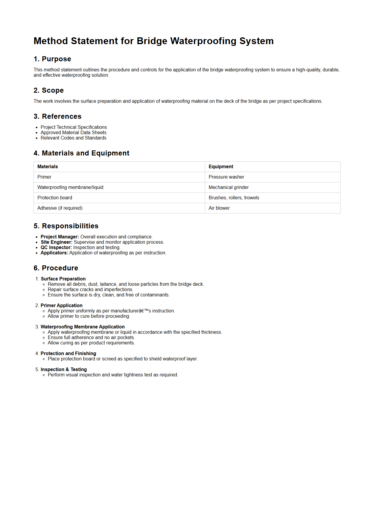 Method Statement for Bridge Waterproofing System