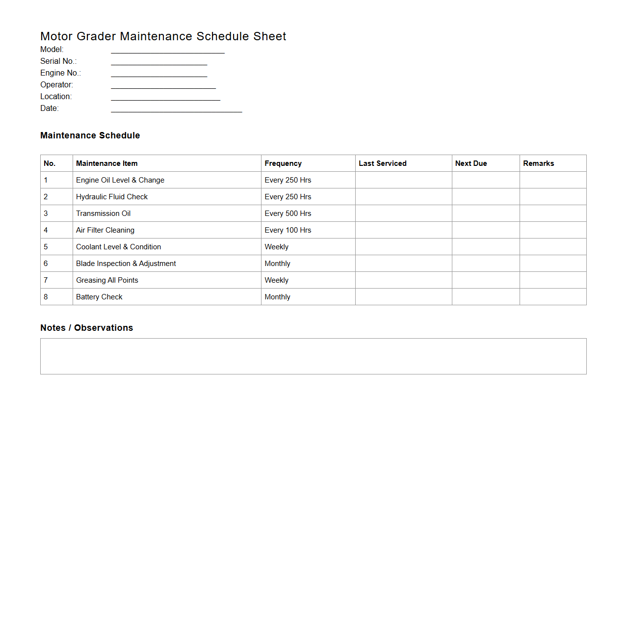 Motor Grader Maintenance Schedule Sheet
