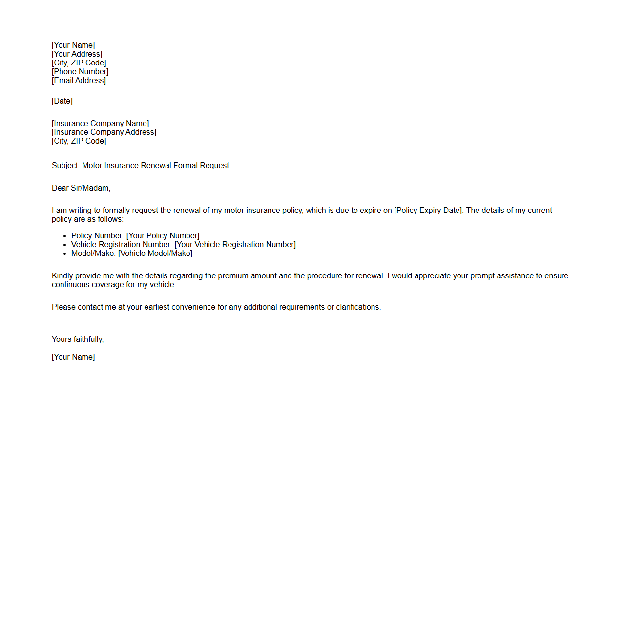 Motor Insurance Renewal Formal Request Letter