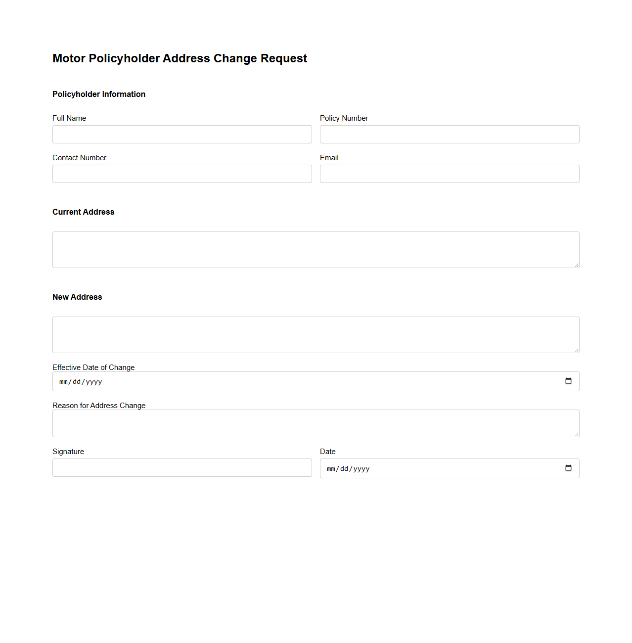 Motor Policyholder Address Change Request Template