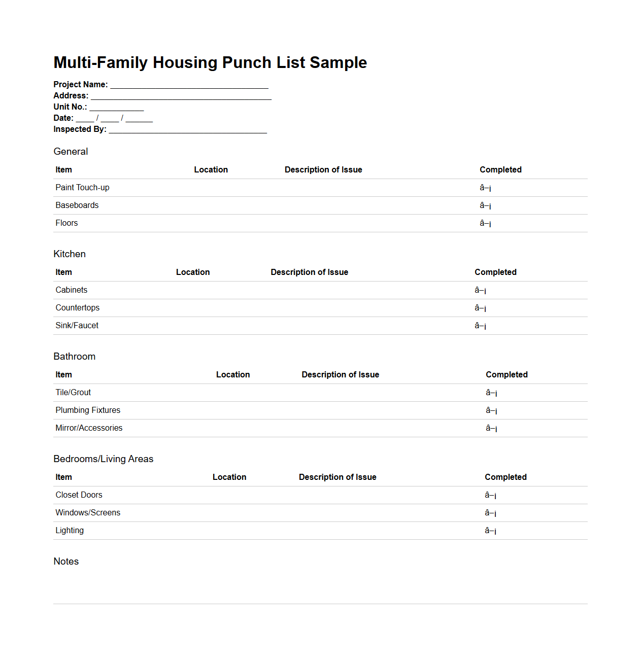 Multi-Family Housing Punch List Sample