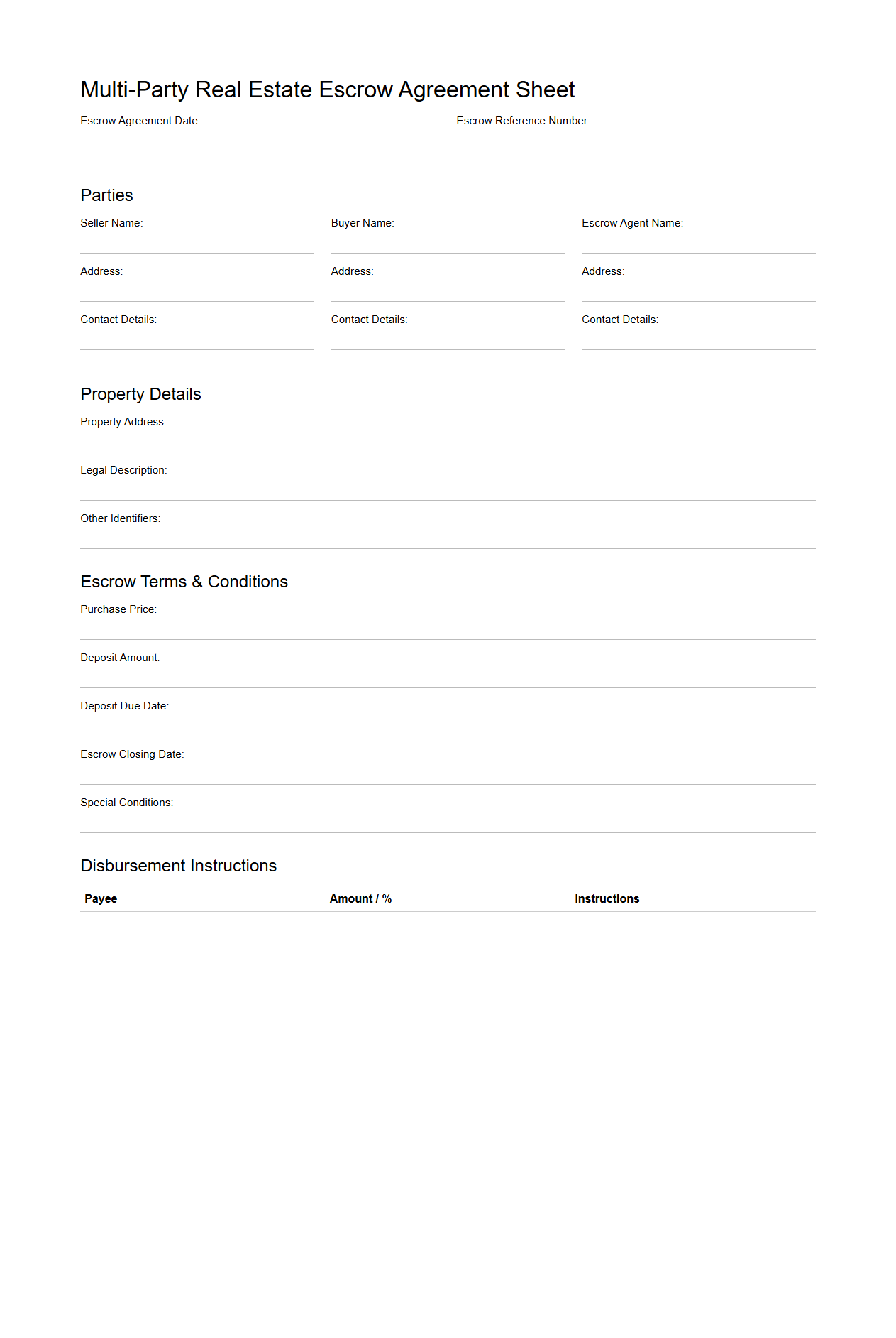 Multi-Party Real Estate Escrow Agreement Sheet
