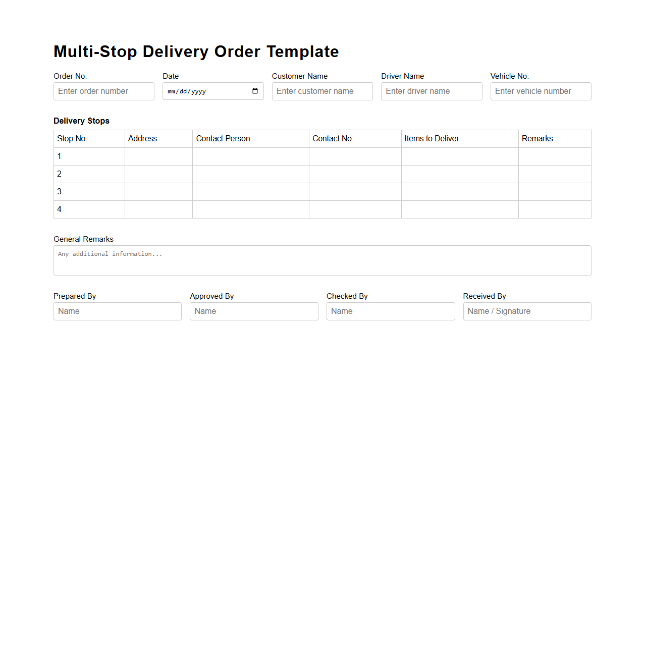 Multi-Stop Delivery Order Template for Warehouse Operations