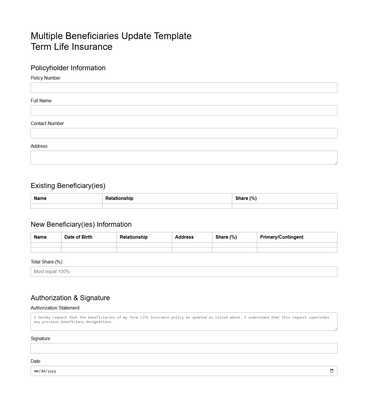 Multiple Beneficiaries Update Template for Term Life Insurance