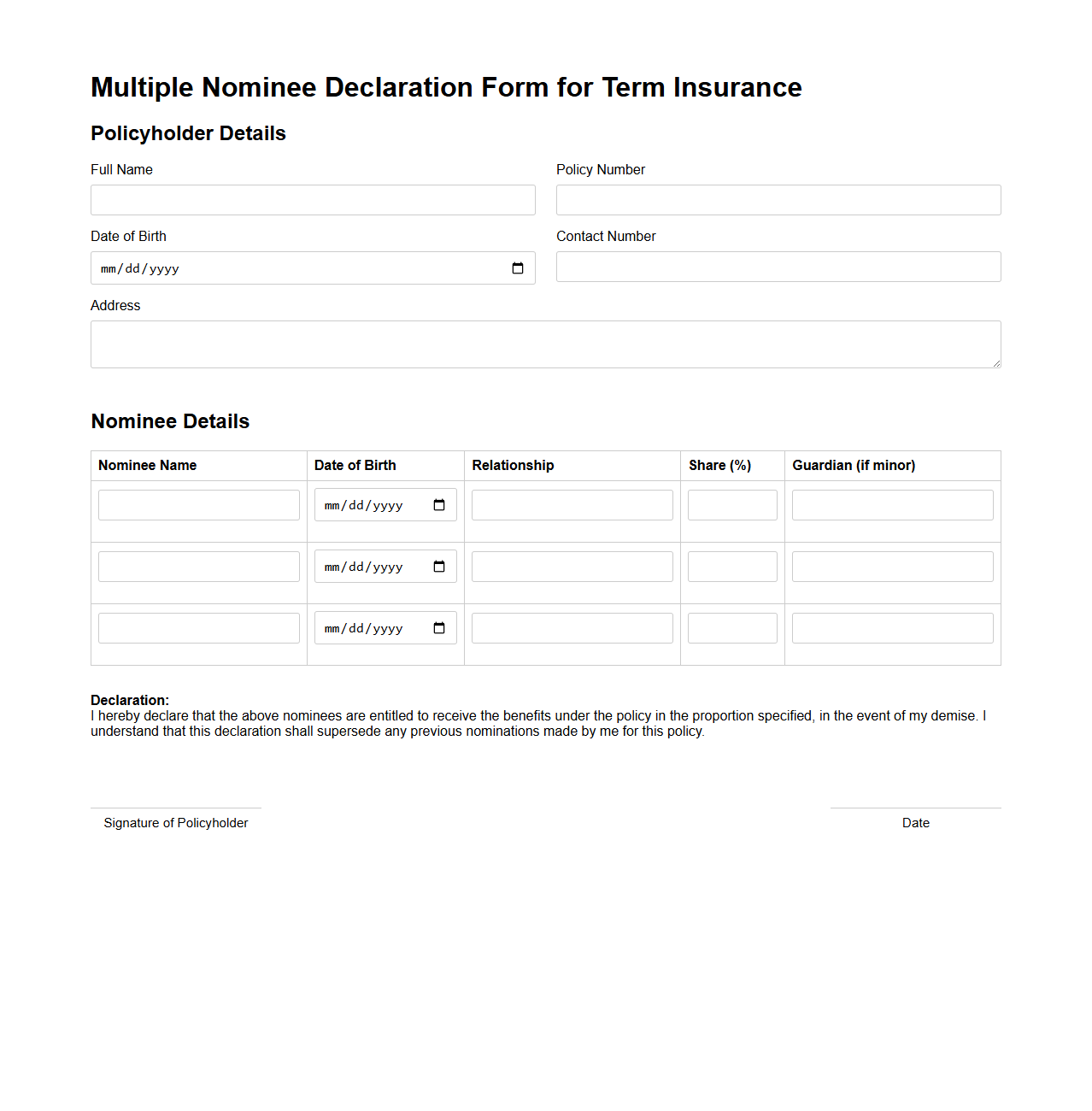 Multiple Nominee Declaration Form for Term Insurance