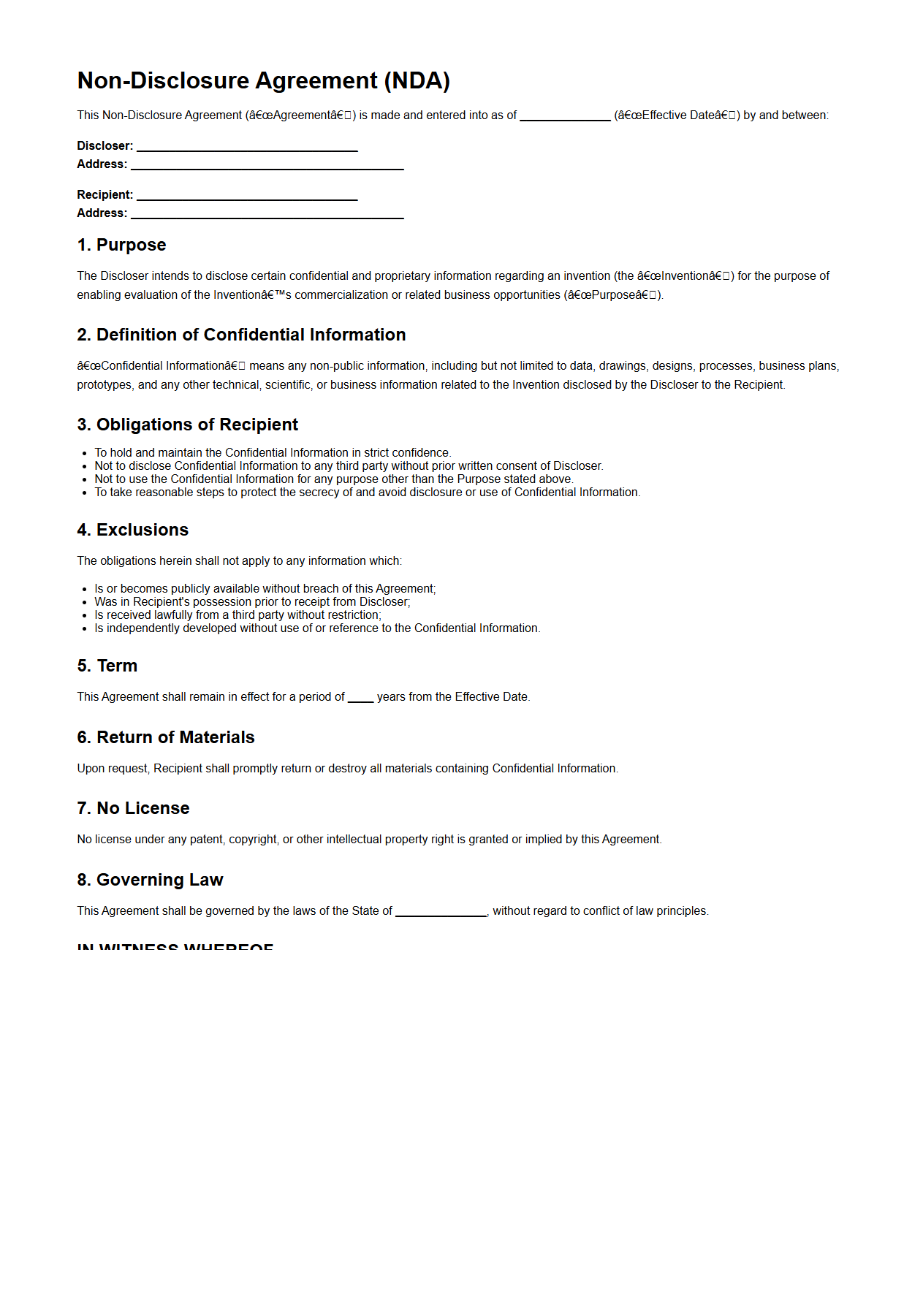 NDA Template for Invention Disclosure
