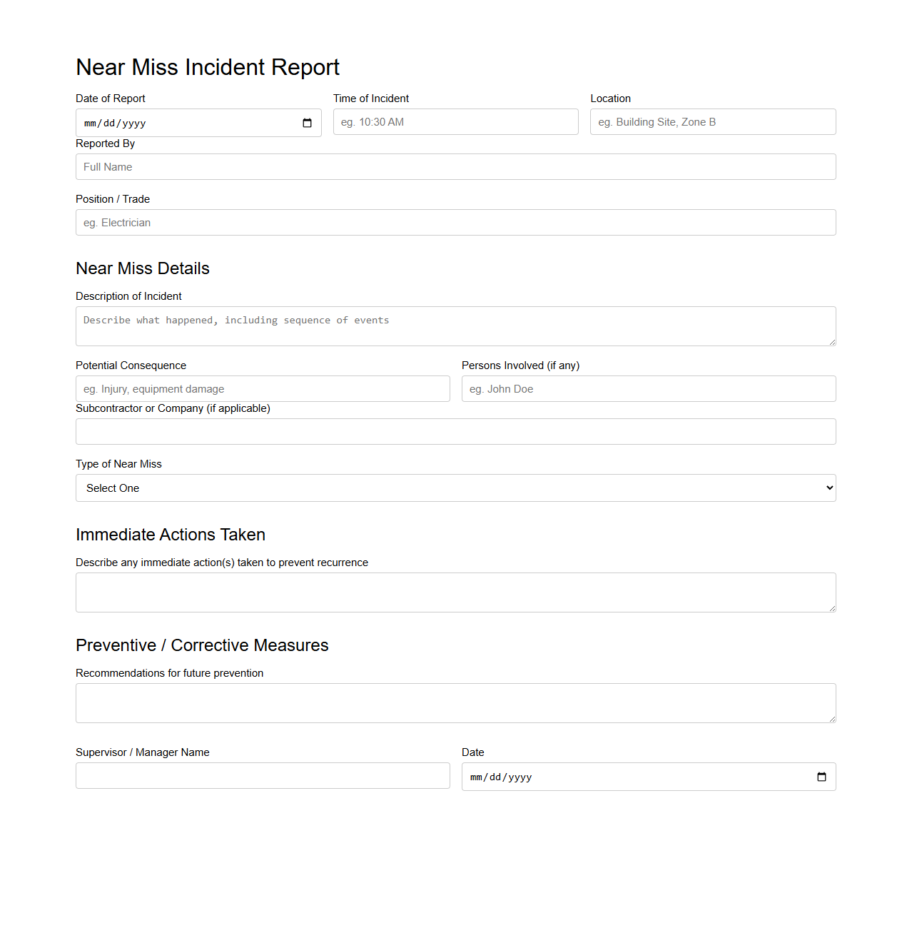 Near Miss Incident Report Example for Construction Projects