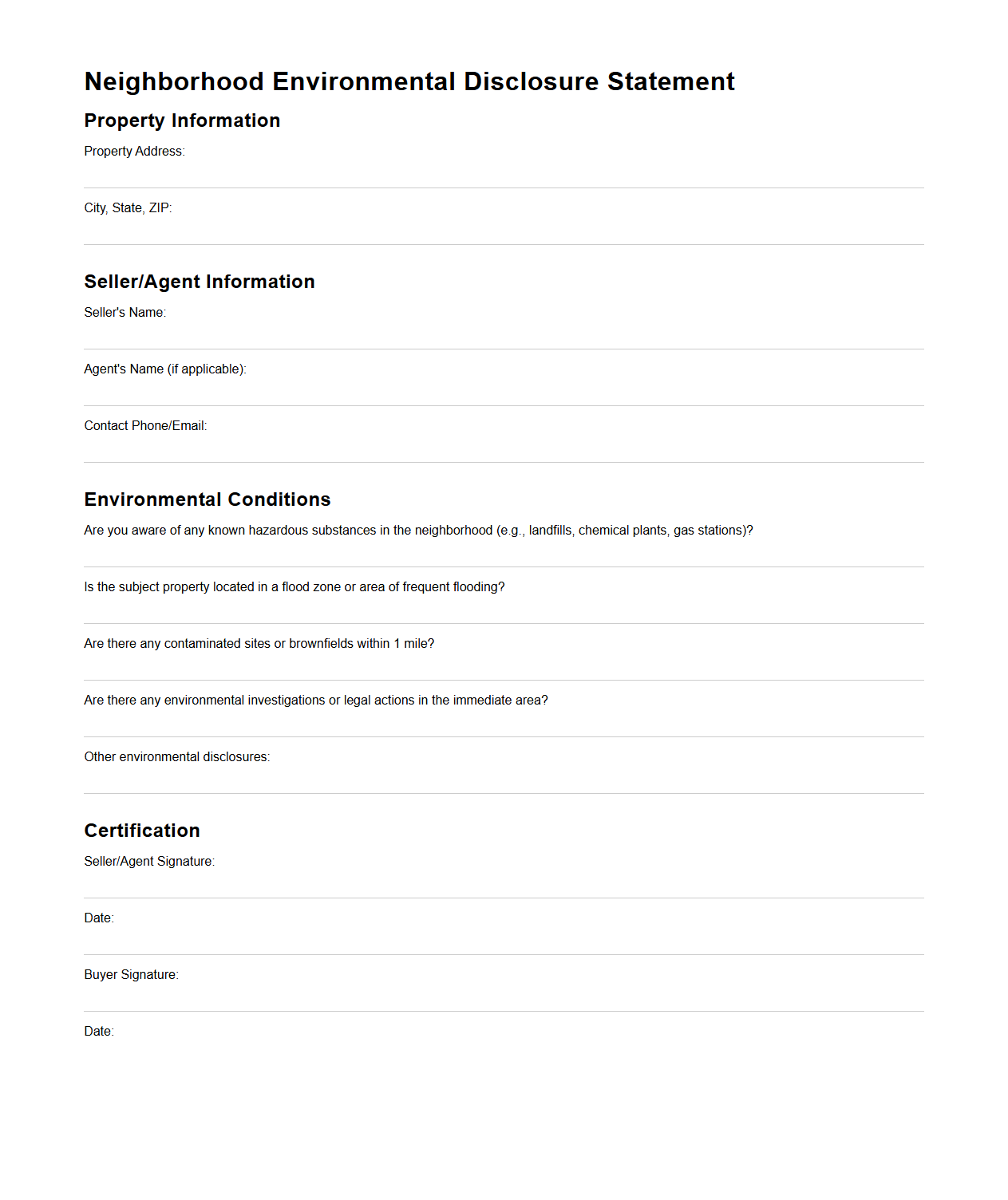 Neighborhood Environmental Disclosure Statement Template