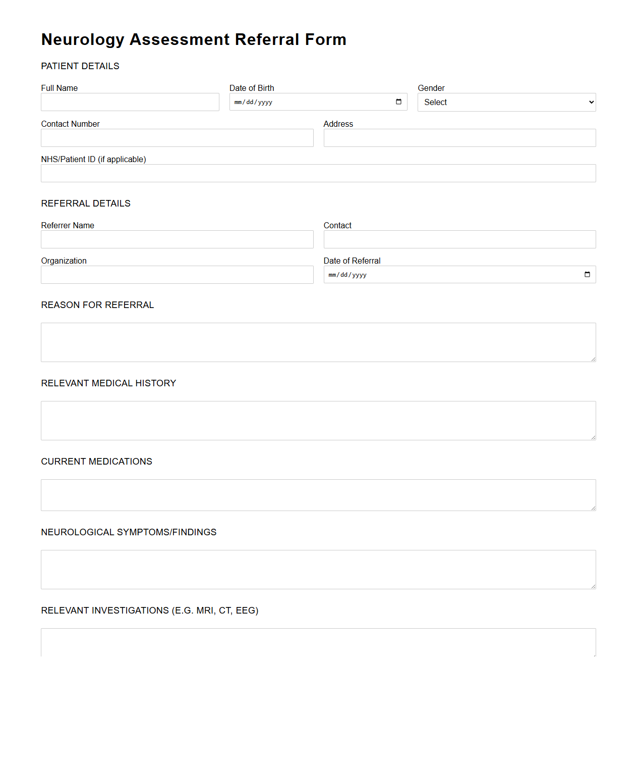Neurology Assessment Referral Form