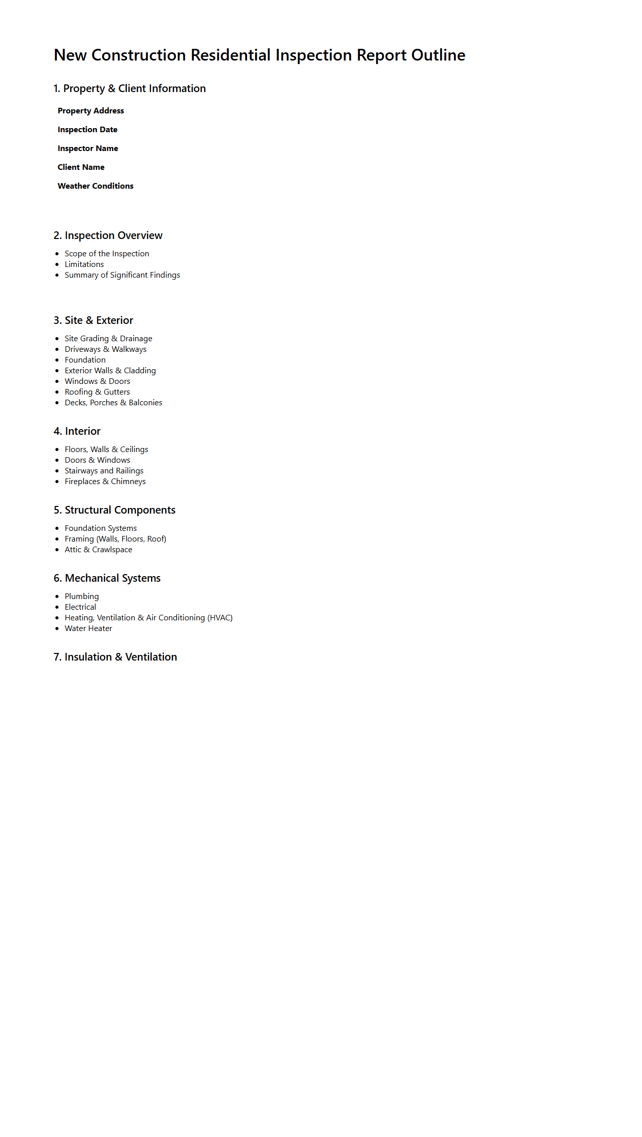 New Construction Residential Inspection Report Outline