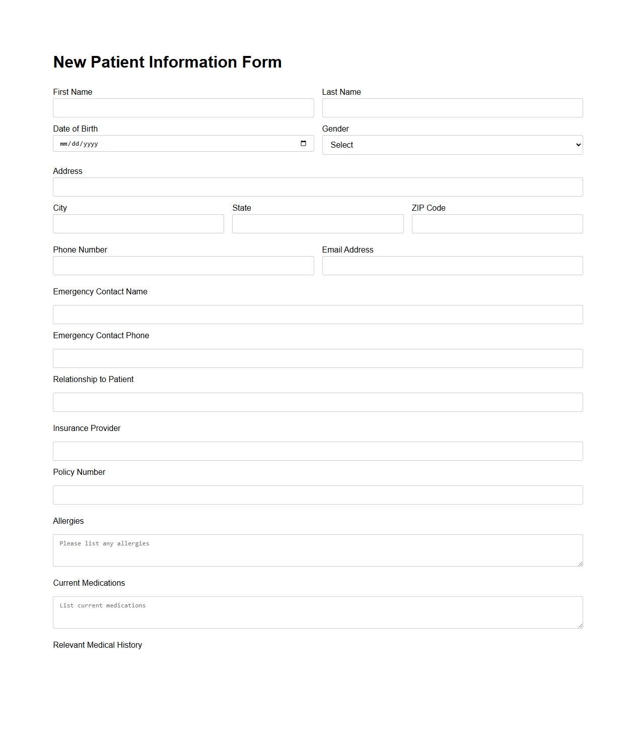 New Patient Information Form Example