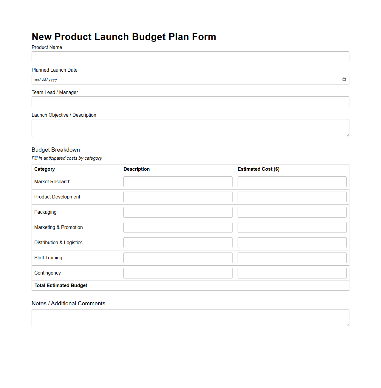 New Product Launch Budget Plan Form
