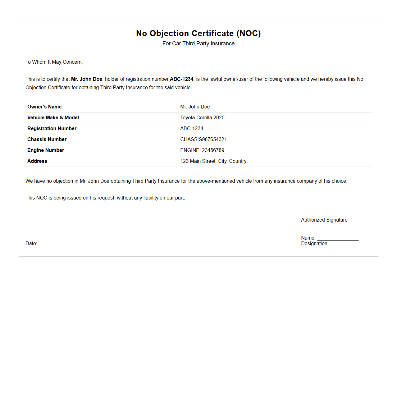 NOC Document Example for Car Third Party Insurance