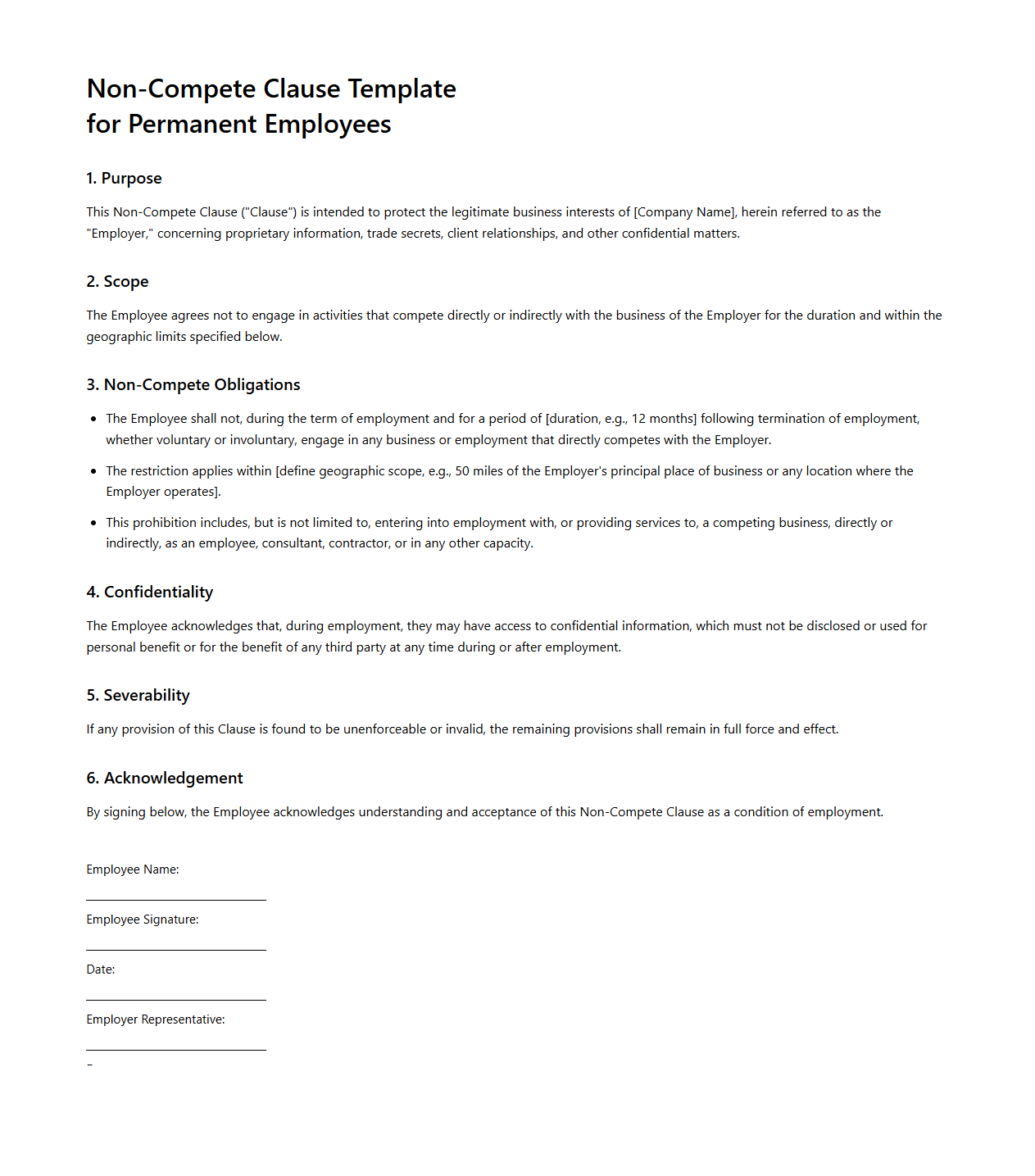Non-Compete Clause Template for Permanent Employees