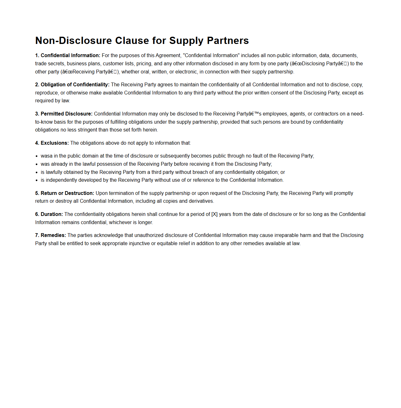 Non-Disclosure Clause for Supply Partners