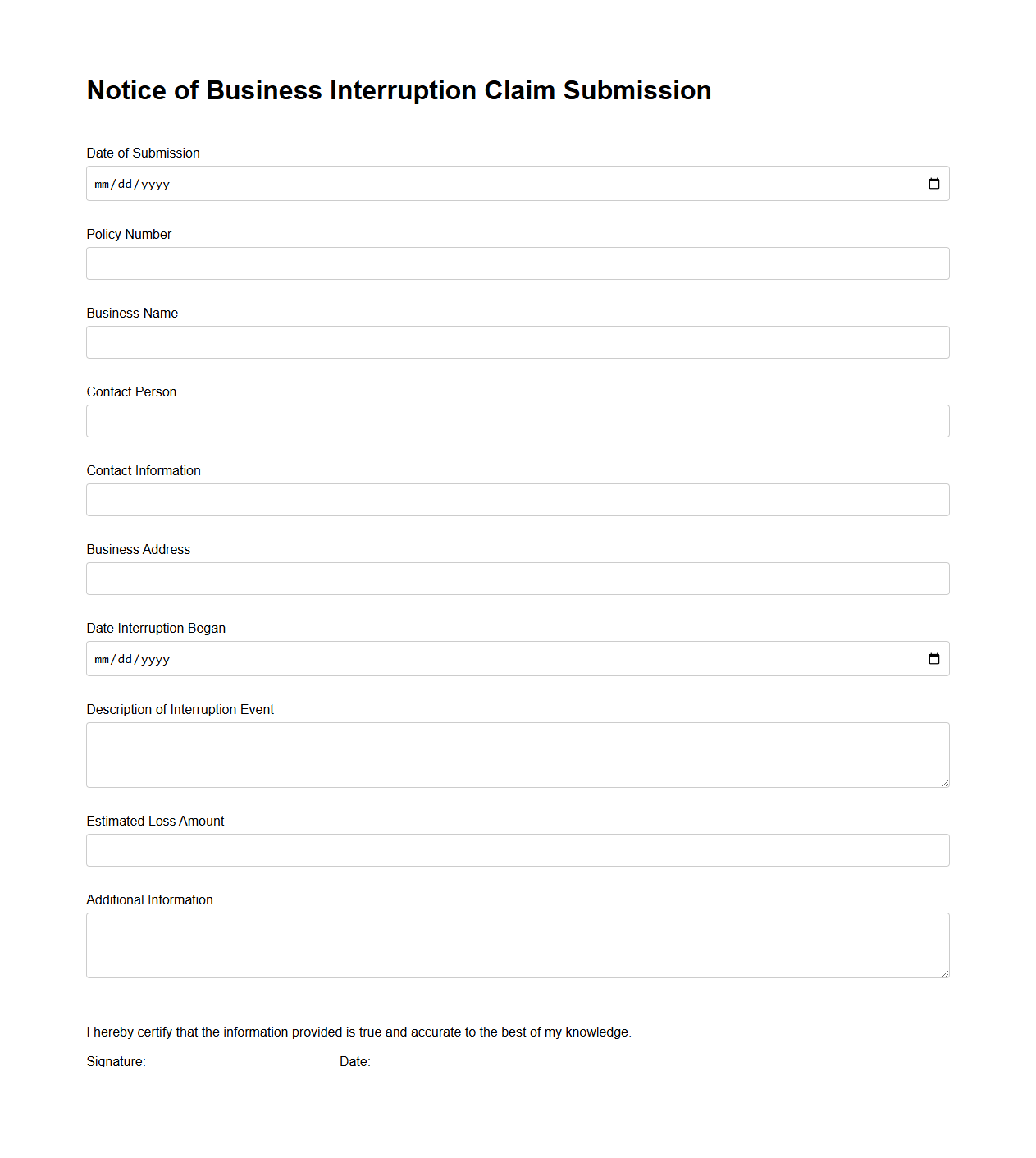 Notice of Business Interruption Claim Submission