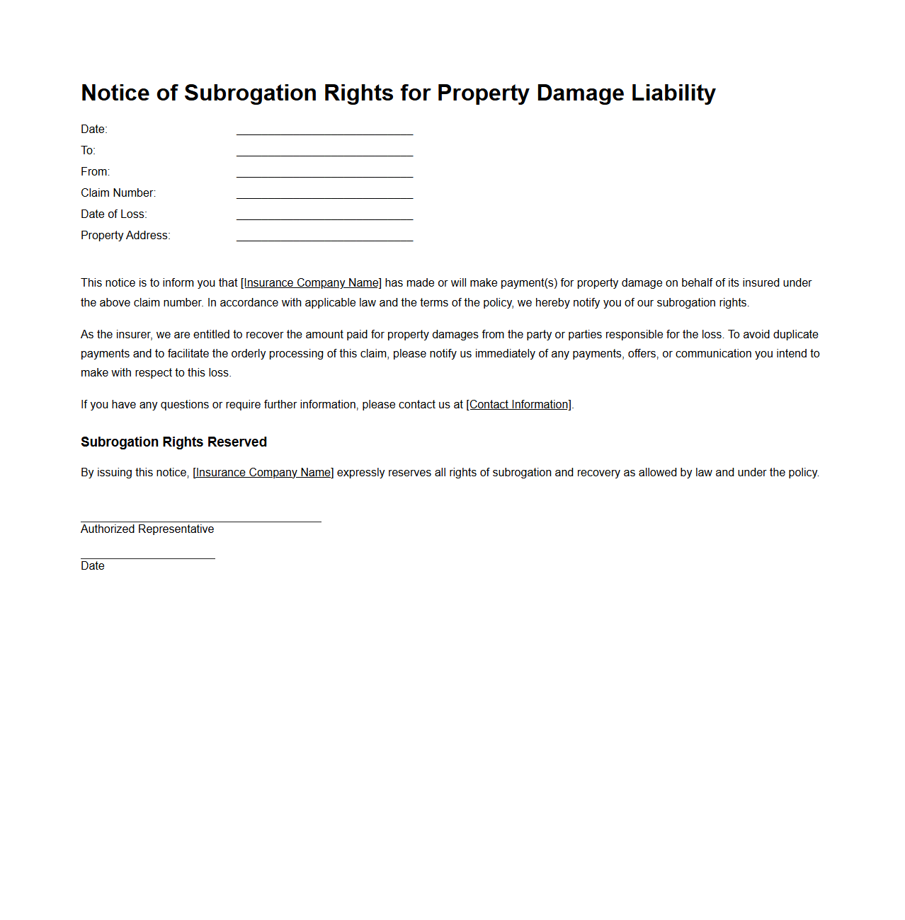 Notice of Subrogation Rights for Property Damage Liability