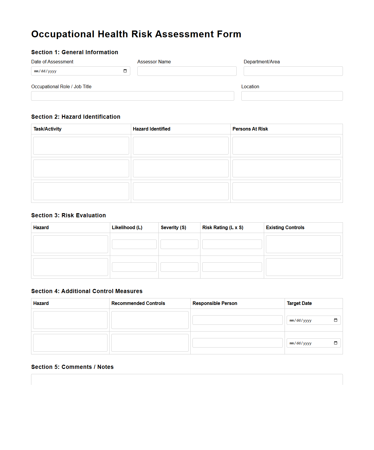 Occupational Health Risk Assessment Form
