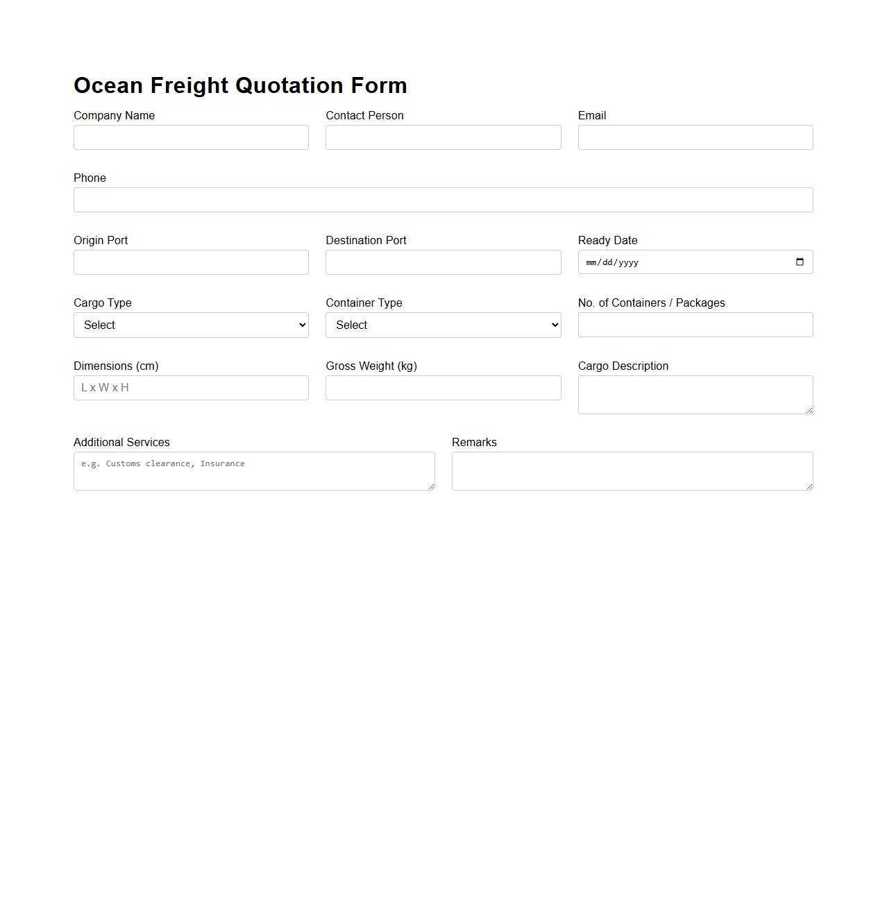 Ocean Freight Quotation Form Example